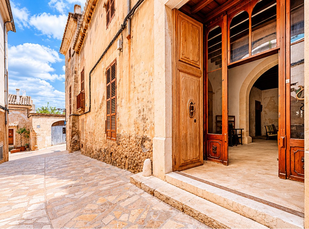 Entrada de la casa histórica en Sineu, con portón de madera abierto